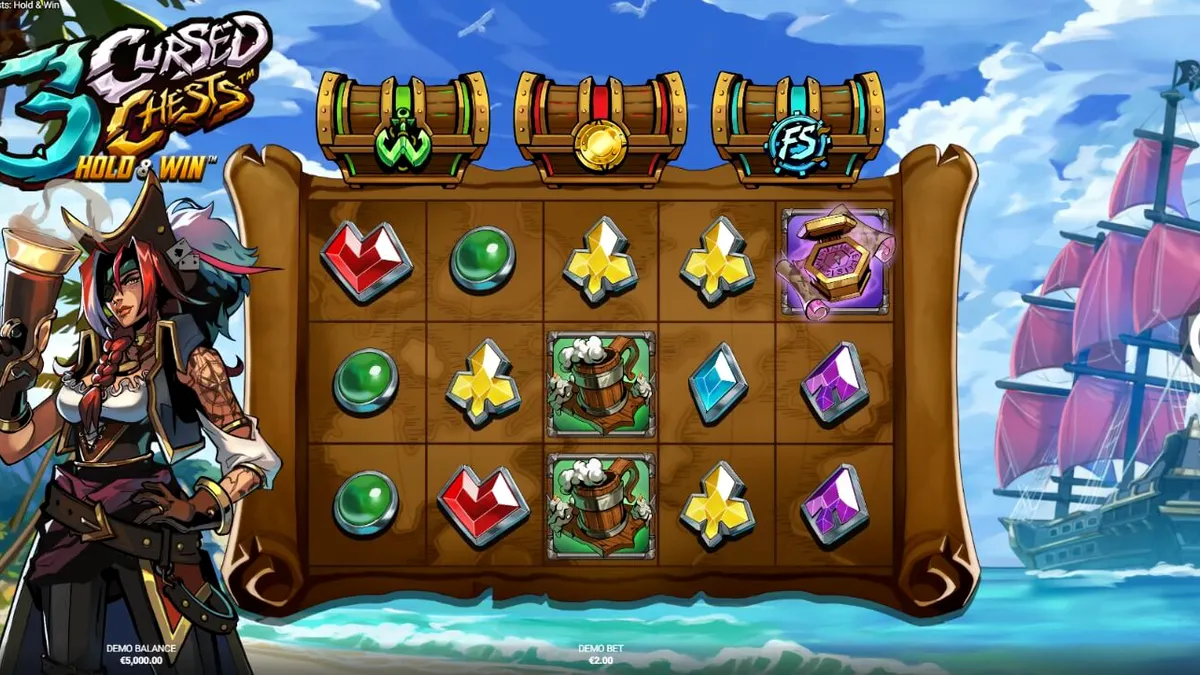 Tampilan visual slot 3 Cursed Chests: Hold & Win dengan tema bajak laut yang gelap.