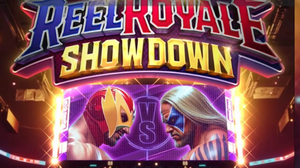 Tampilan visual slot Reel Royale Showdown dengan tema ring gulat yang dramatis